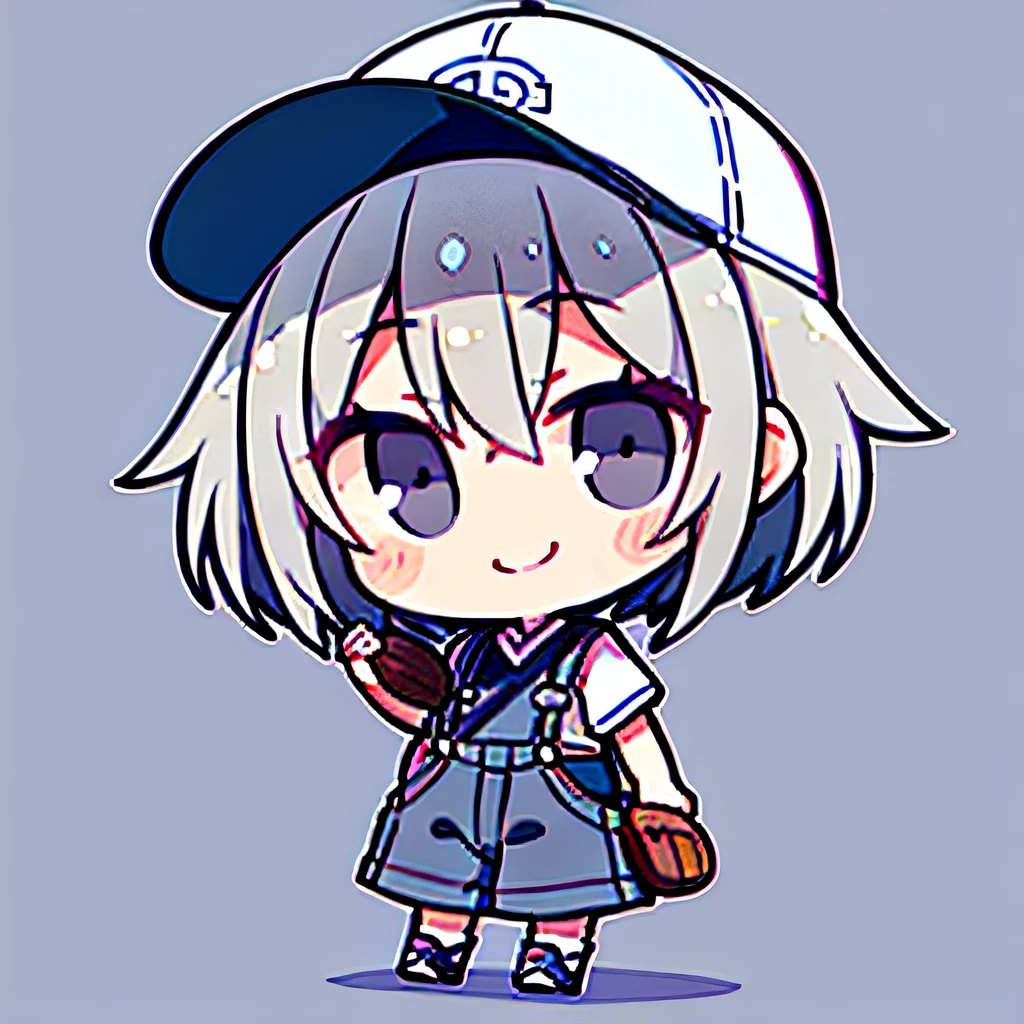 Medium gray hair、Girl child,pinging、Very short、1 person,short detailed hair, 独奏, (twitch emote:1), full bodyesbian, Black eyes, adolable, Children、white backgrounid,、hair adornments、baseball cap,、elementary student、Denim suspenders、Small white shoes、Kizi、A smile