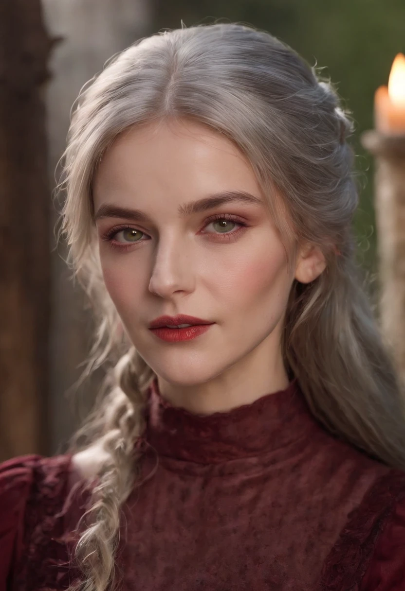 (((A deep red wound streaked across her left cheek))) Fair complexion, A woman around 19 years old, Natural gray hair, Unique green eyes, Wear Cole, Slender and graceful, Beautiful, Candlelight in a medieval setting, super sharp focus, realistic lens, Medieval women's clothing, Four colors (Scar:1.4)