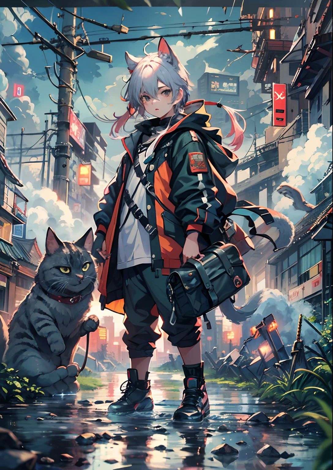 1boy,Man's ,Cyberpunk Boy、katanas,machine gun、Cat's ears、silber hair、poneyTail、Whole body bloody、The beginning of the adventure、Into the cloud、contrail、Chaotic city of the future、ruined and devastated city、Very complex Japan buildings、railroad crossing、Trees、Warm lighting、puddles、Chaotic landscape、Beautiful and fantastic scenery、Cinematic scenery、hightquality、masutepiece,8K、hight resolution、ultra-detailliert,