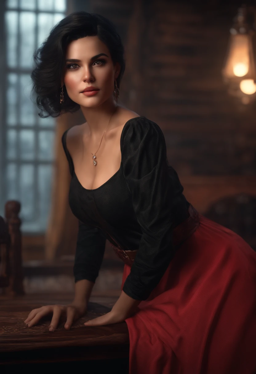 1girl, cowboy shot of beautiful ada, looking at viewer, red dress, black hair, blush, short hair, athletic night, volumetric lighting, best quality, masterpiece, intricate details, tonemapping, sharp focus, hyper detailed, trending on Artstation, ada, realistic