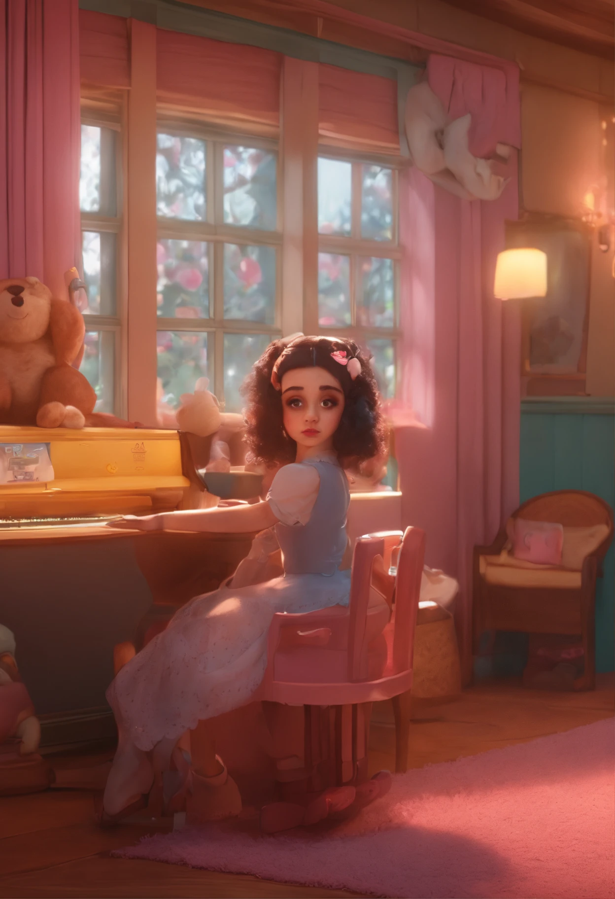 Cute Melanie Martinez as a very cute anime character, Cartoon Character, Unreal Engine Warm Interior Lighting Art Station Detailed Digital Painting Character Design Mark Ryden Pixar Hayao Miyazaki Unreal 5 Dazz Hyper Real - Octane Neon Rendering