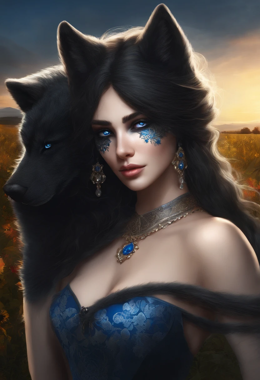 best quality, (furry), (anthropomorphic wolf), female appearance, has dark fur around her body, is wearing a blank white wolf mask over her canine-like face, has a scarred appearance, has all black fur, (bright blue eyes), (long flowing black hair), wearing elegant 12th-century clothing with floral patterns, and tear-running down her mask from crying while staring at the moon in the middle of a field. (anime art style)