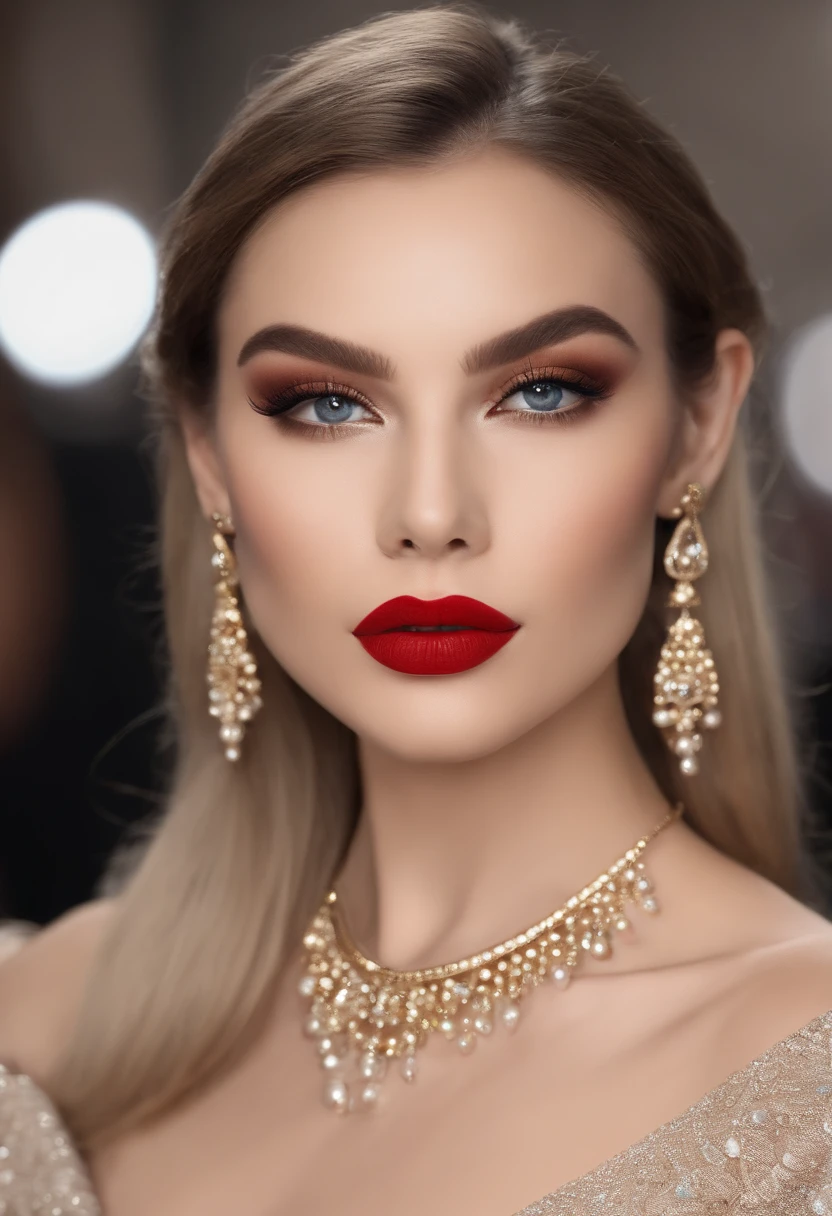Feminine almond eyes,Long eyelashes,Black eyeshadow,Looks very dignified,A thin layer of foundation is applied to the cheeks,The size of the mouth is moderate,Thinner lips with big red lipstick
