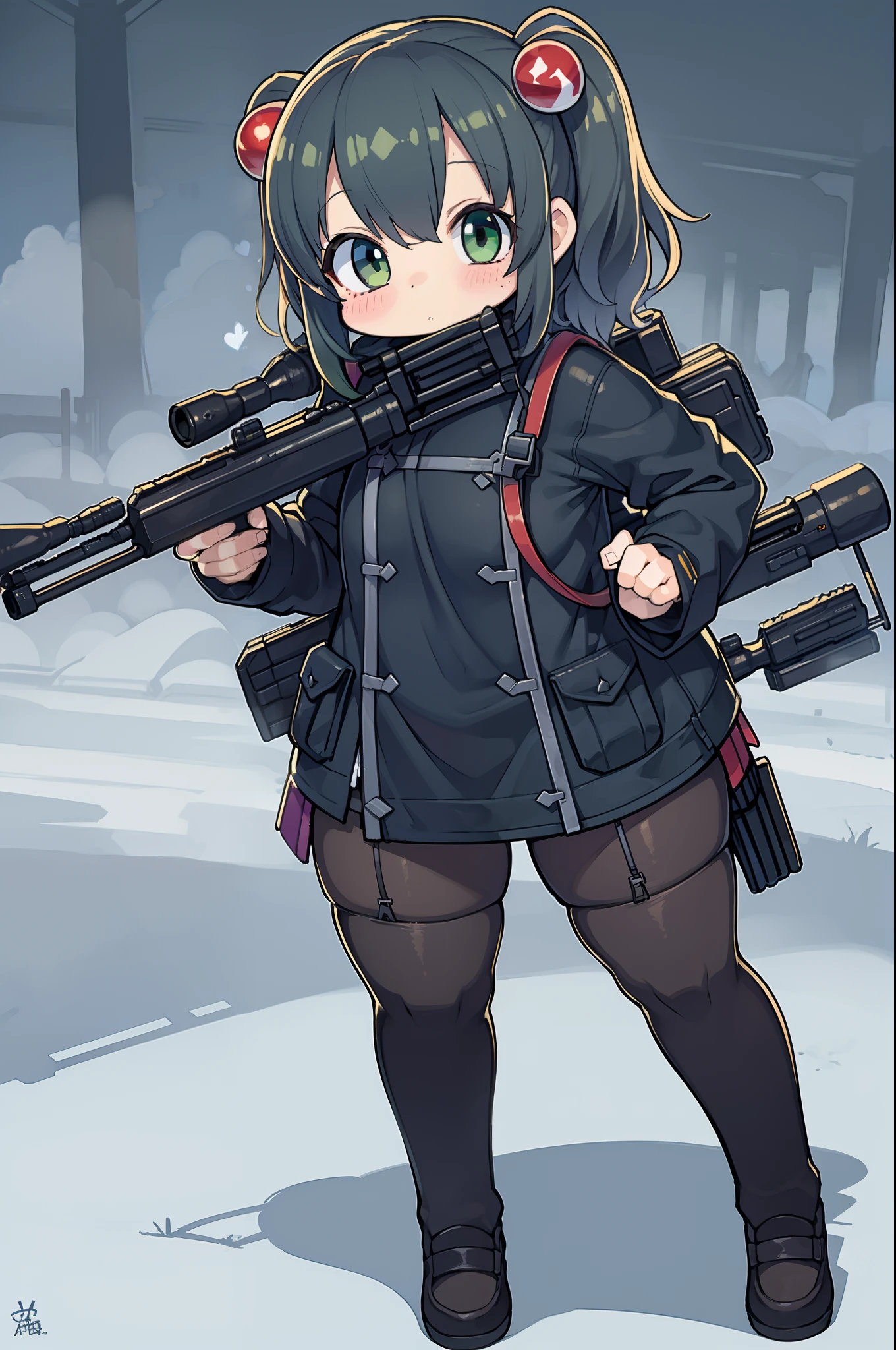 Hold a giant sniper rifle、Long sideburns、Anime-style girl with beautiful whole body, Little Girl,clean detailed faces, ciber,analogous colors, Glowing shadows, beautiful gradients, depth of fields, CLEAN IMAGE, High quality,Black Parker Clothing、 high detailing, High Definition, blush, Fit, Heavenly Beauty, Very detailed, Soft lighting, Full body,Green&Black hair,Green eyes、