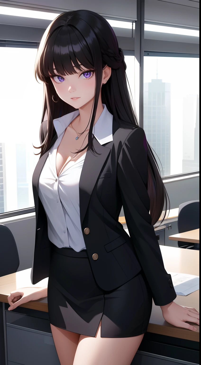 (Best Quality:1.1), (masutepiece:1.2), High quality shadows, Beautiful detailed, Beautiful face, Detailed eyes, depth of fields, hight resolution, Best Shadow, Best Illumination, 1girll, view the viewer, Black hair, Blunt bangs, Long hair, Purple eyes, Shy, Large breasts, Miniskirt, Blouse, Blazer, pump, Office Lady, cleavage、In the office