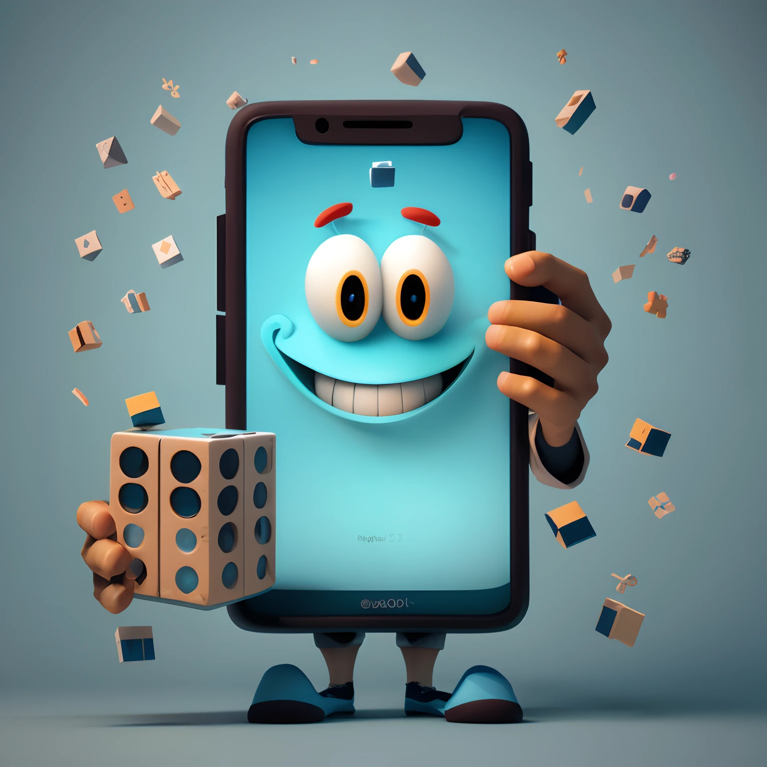cartoon character holding a phone with a cube and a block, 3d illustration, 3 d illustration, 3 d icon for mobile game, mobile game, depicted as a 3 d render, cute 3 d render, mobile game art, funny illustration, 2d illustration, 2 d illustration, 3 d cartoon, 3d digital art 4k, 3d render digital art