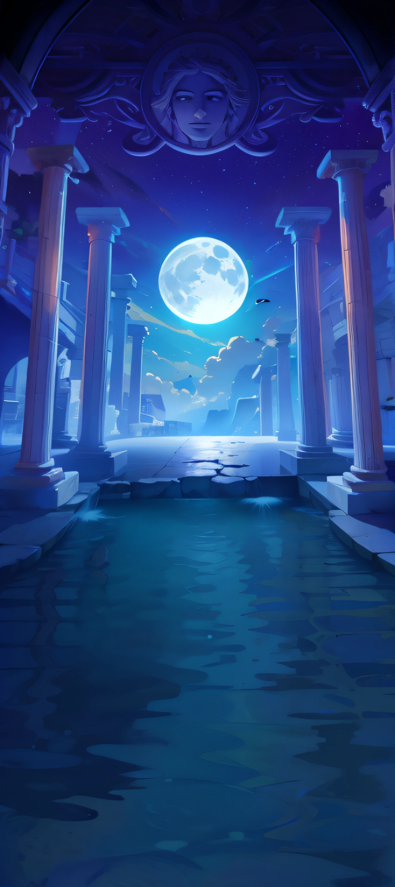 Greek mythological scenes，Roman columns，crock，The stairs on the first floor are broken，Broken ground，submerged in the water，the night，themoon，There is starlight，