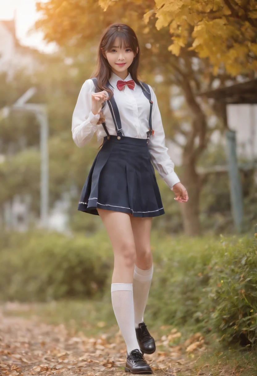 There is a woman posing in a short skirt and shirt, small curvy , Wearing a skirt and short socks, thighhighs and skirt, Anime girl cosplay, dressed as schoolgirl, Cute Schoolgirl, 8K , she is dancing. Realistic, a hyperrealistic schoolgirl, lolidress, Full body!, anime pose, High school girl posing、long legged、Thin leg、Raw feet、White Socks、small tits