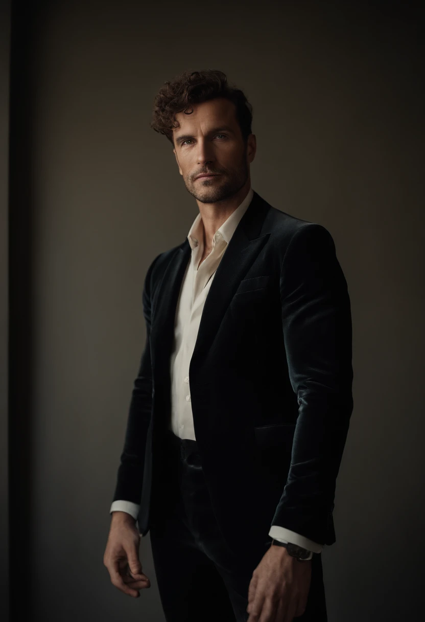 Cinematic photo, Grand angle, of a handsom man, Grand et en forme, 40 ans, shaven , curly short brown hair. Dark brown tight velvet suit, La veste a des motifs de fleurs noires. minimalist background, Composition propre, Strong details, muted colors, Hasselblad --style brut