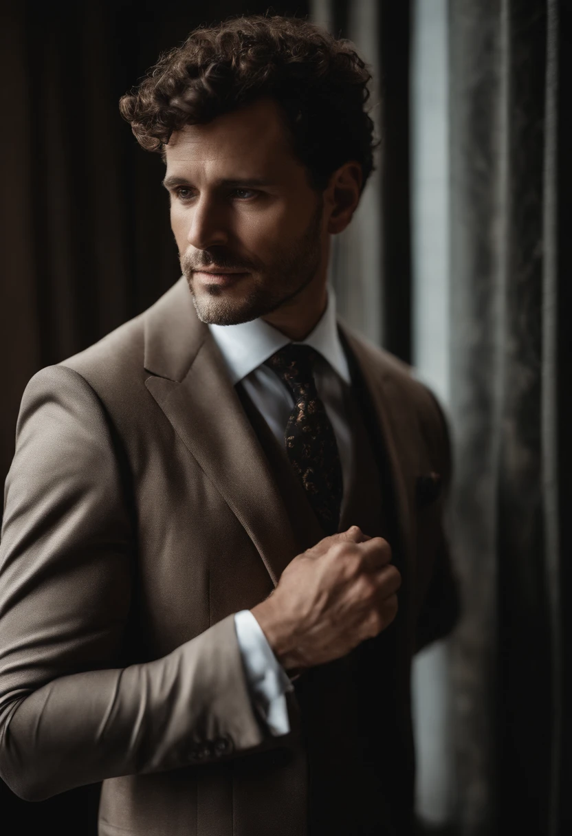 Cinematic photo, Grand angle, of a handsom man, Grand et en forme, 40 ans, shaven , curly short brown hair. Dark brown tight velvet suit, La veste a des motifs de fleurs noires. minimalist background, Composition propre, Strong details, muted colors, Hasselblad --style brut