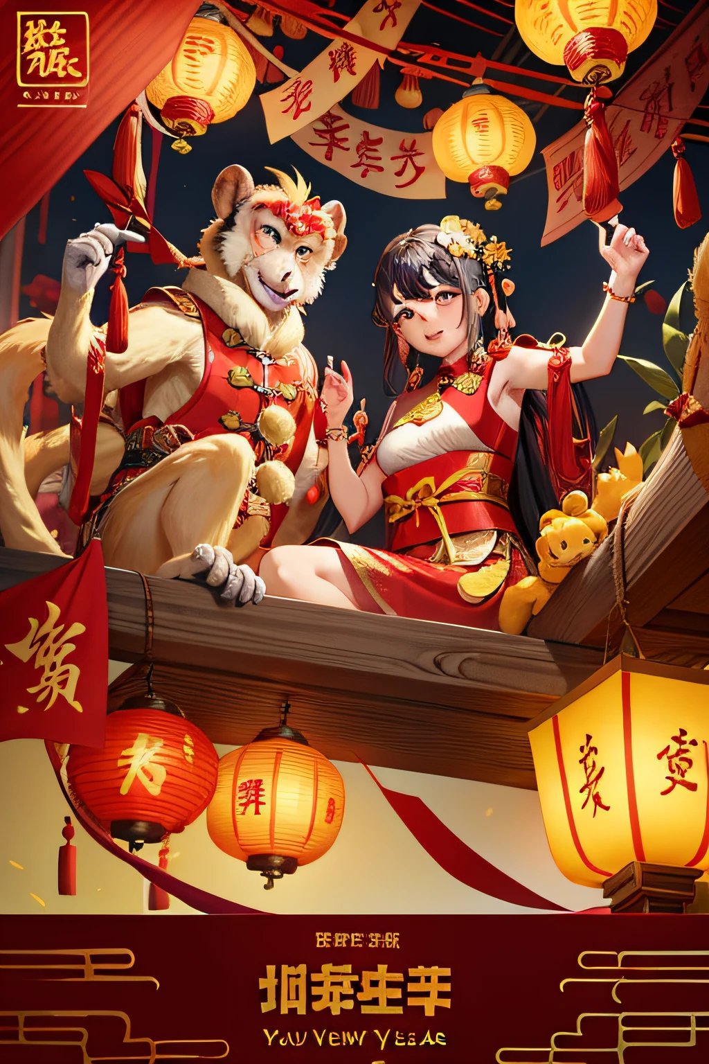 Lunar New Year greetings with monkeys and lanterns, a poster inspired by Pu Hua, Happy Chinese New Year, Chinese style, Yellow Dragon Head Festival Chinese New Year Red festivities