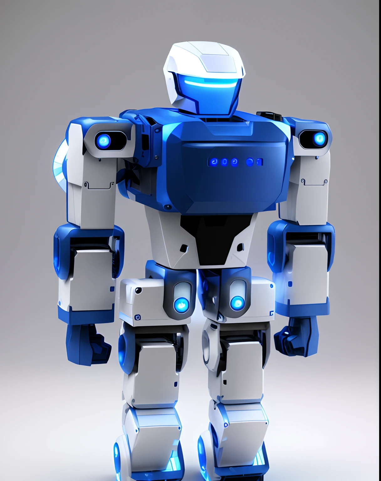 There is a blue robot standing on a white background, posing robotically, the most advanced humanoid robot, Robot design, robot body, robotic body, biped, friendly humanoid cyber robot, humanoid robots, Concept robot, Futuristic robot body, with robotic arms, robot suit, robotic bionic technical, blue realistic 3 d render, mech robot futuristic