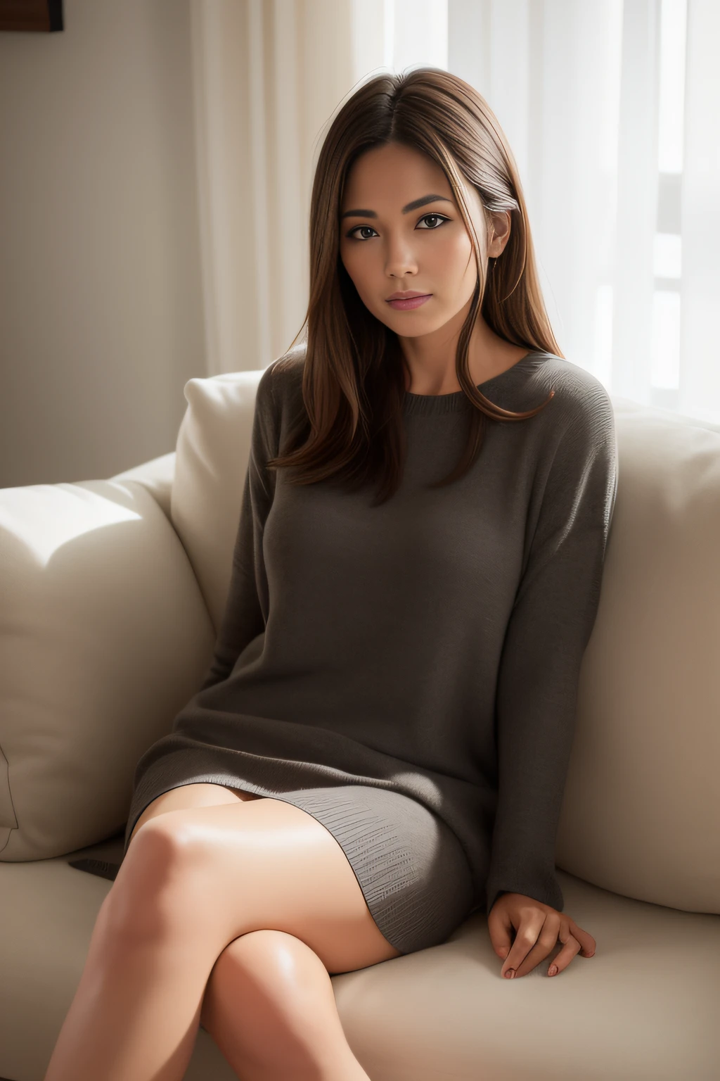 femele,Sitting on a cozy sofa,cross one's legs,Soft light,A dark-haired,age 40s,Mature,Old face,White shirt