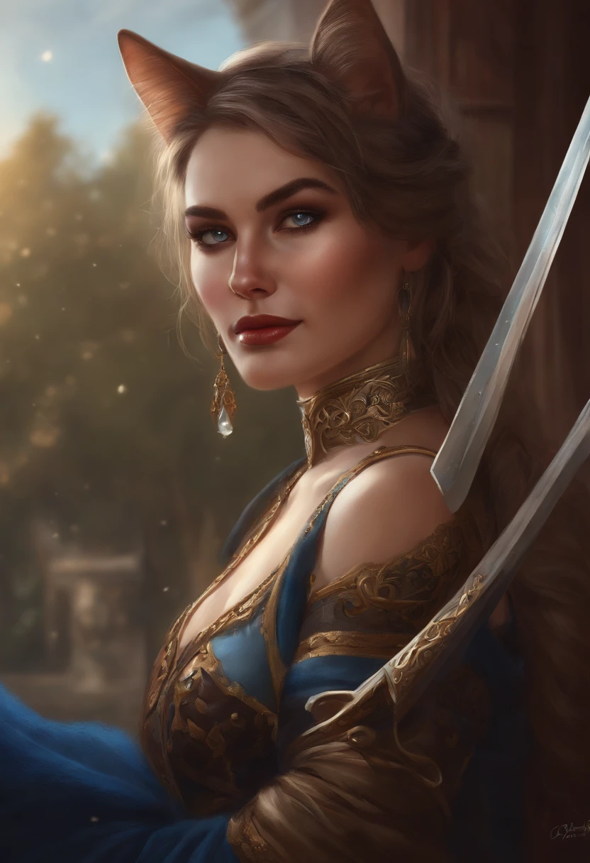 painting of a woman with a cat face and a sword, very very beautiful furry art, furry art, furry art!!!, anthro portrait, anthro art, furry fantasy art, fursona art, furry character portrait, masterpiece anthro portrait, detailed painting 4 k, portrait of jinx from arcane, detailed digital painting, pov furry art, digital painting highly detailed