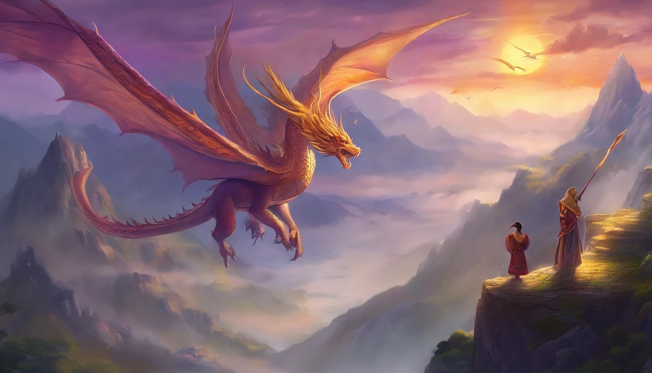 A Chinese dragon hovering between mountains looks at a purple-gold crown on its head at the top of the mountain,Wearing gold armor,Cloaked,,The one with the golden hoop rod((Sun Monkey stands at the top of the mountain))of paintings,With dragons as the main background,There are clouds,There are mountains,Flying in the sky(Chinese Dragon:1.5),highly detailed fantasy art,hyperrealistic d & D fantasy art,heroes, Artstation contest winner,--No wings,