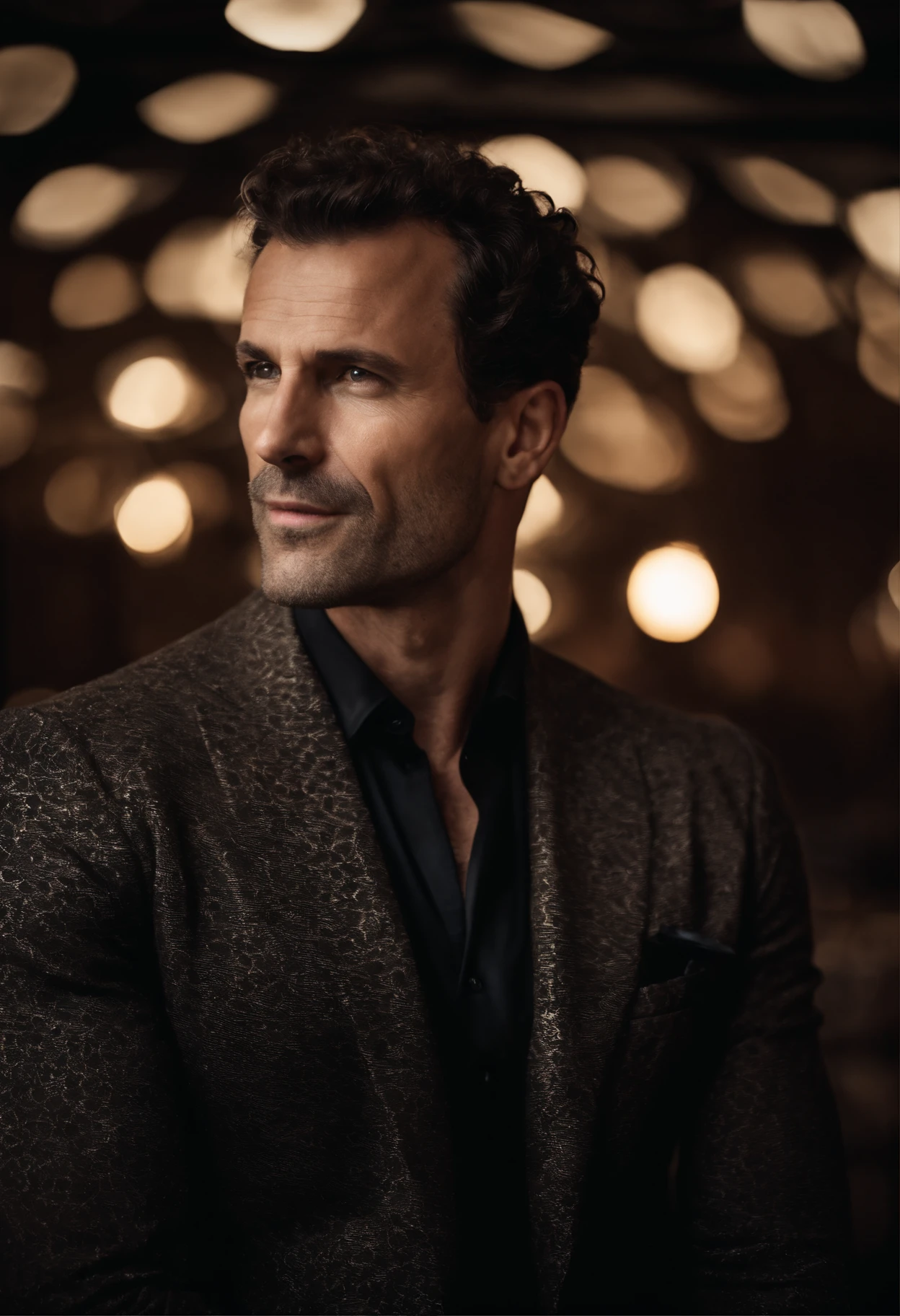 Cinematic photo, wide angle, of a handsom man, tall and fit, 40 years old, shaven , short curly brown hair. dark brown tight velvet suit, the jacket has black flower patterns. Minimalistic background, clean composition, strong details, Muted Colours, Hasselblad --style raw