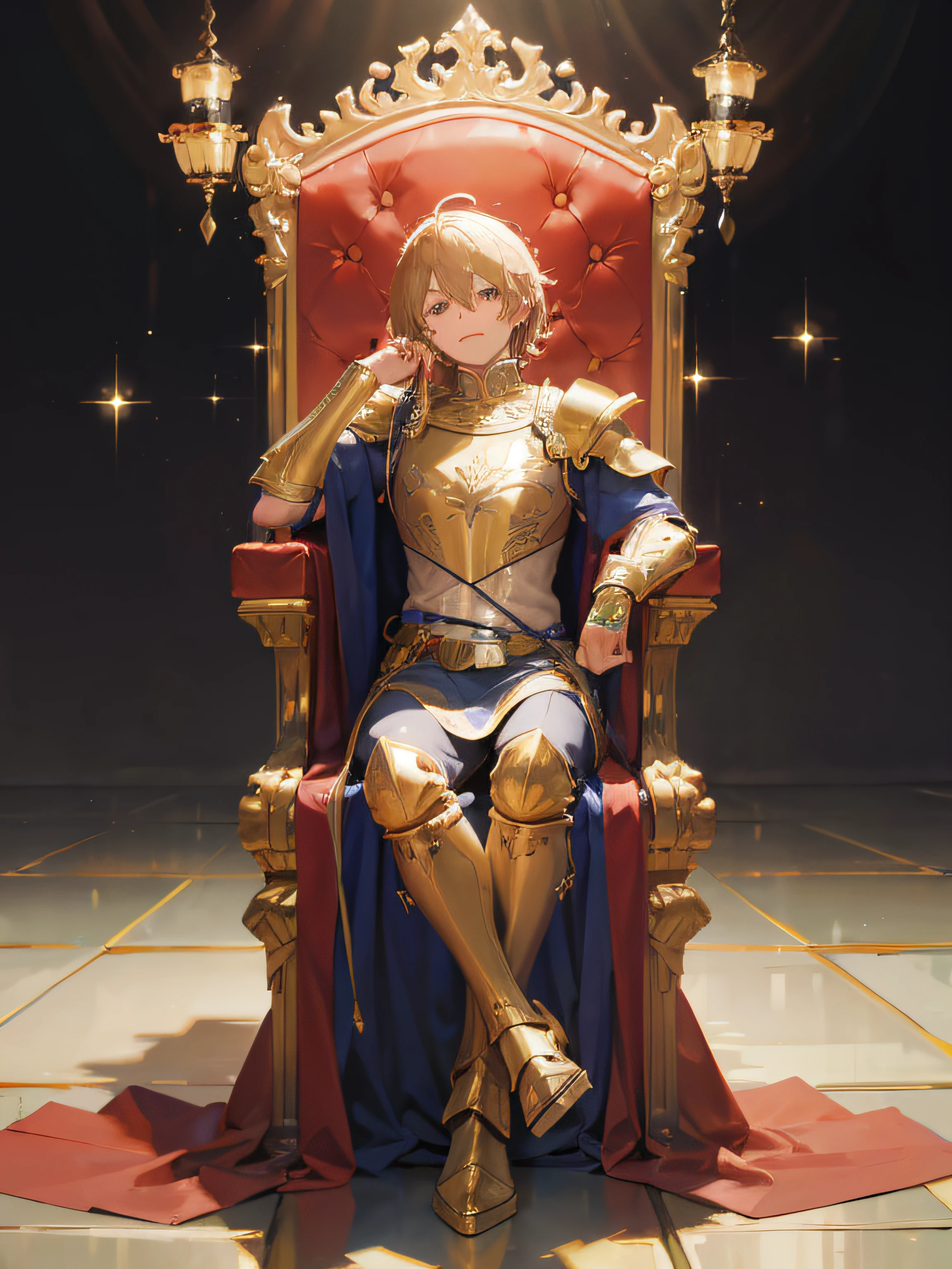man, sitdown on throne, proud face, wearing gold armor