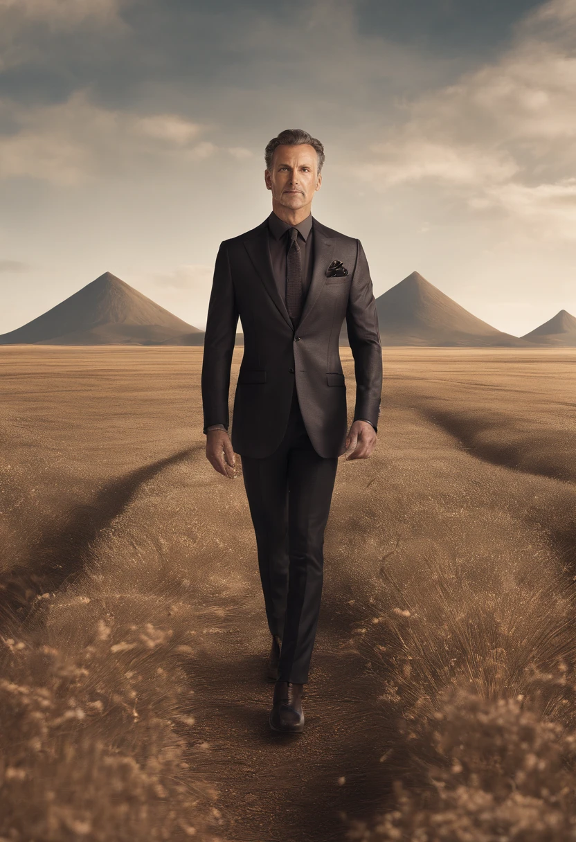 Cinematic photo, wide angle, of a handsom man, tall and fit, 40 years old, shaven , short curly brown hair. dark brown tight velvet suit, the jacket has black flower patterns. Minimalistic background, clean composition, strong details, Muted Colours, Hasselblad --style raw