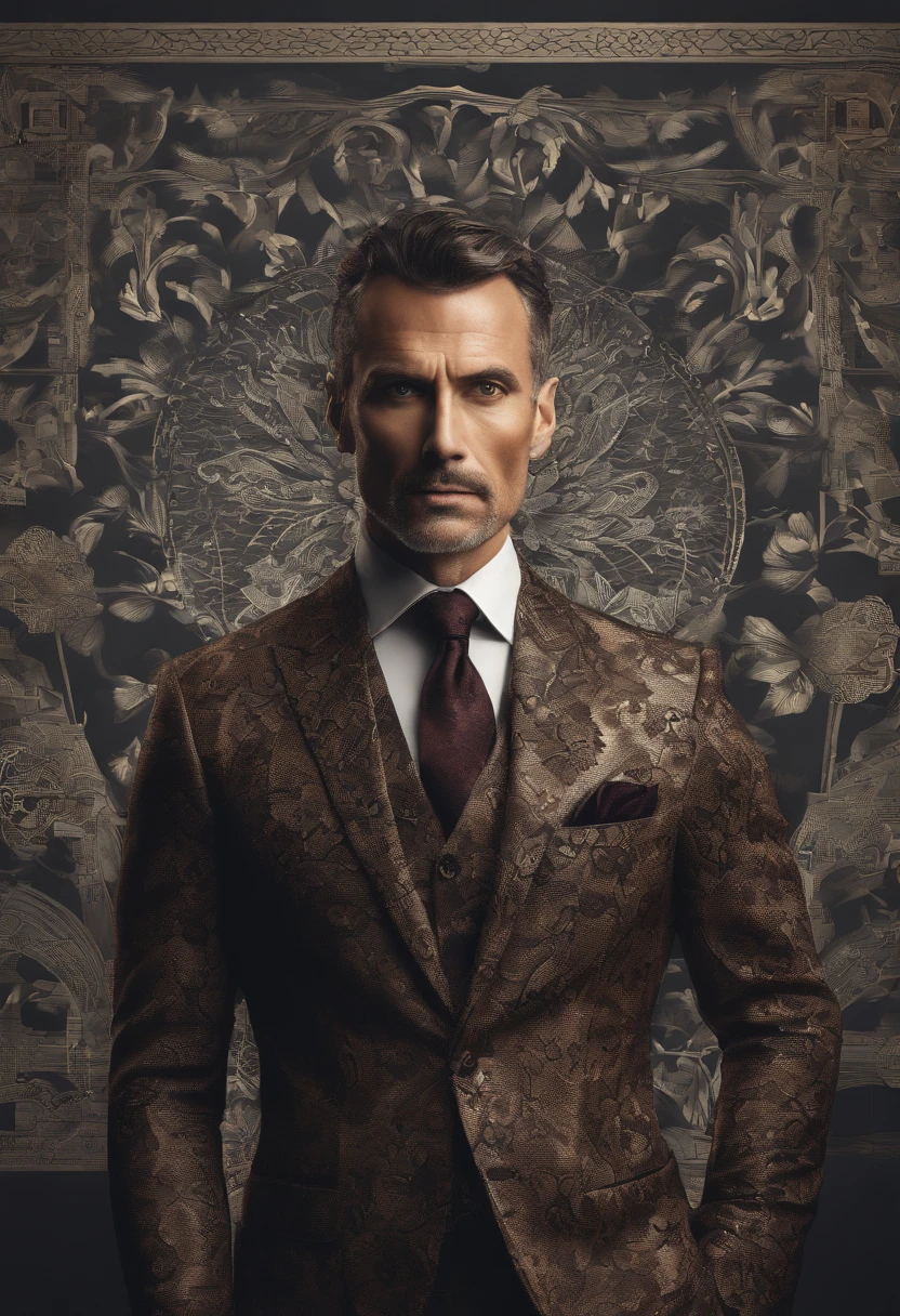 Cinematic photo, wide angle, of a handsom man, tall and fit, 40 years old, shaven , short curly brown hair. dark brown tight velvet suit, the jacket has black flower patterns. Minimalistic background, clean composition, strong details, Muted Colours, Hasselblad --style raw