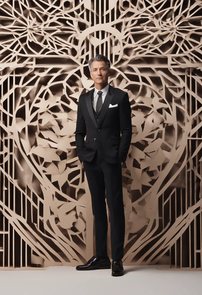 Cinematic photo, wide angle, of a handsom man, tall and fit, 40 years old, shaven , short curly brown hair. dark brown tight velvet suit, the jacket has black flower patterns. Minimalistic background, clean composition, strong details, Muted Colours, Hasselblad --style raw