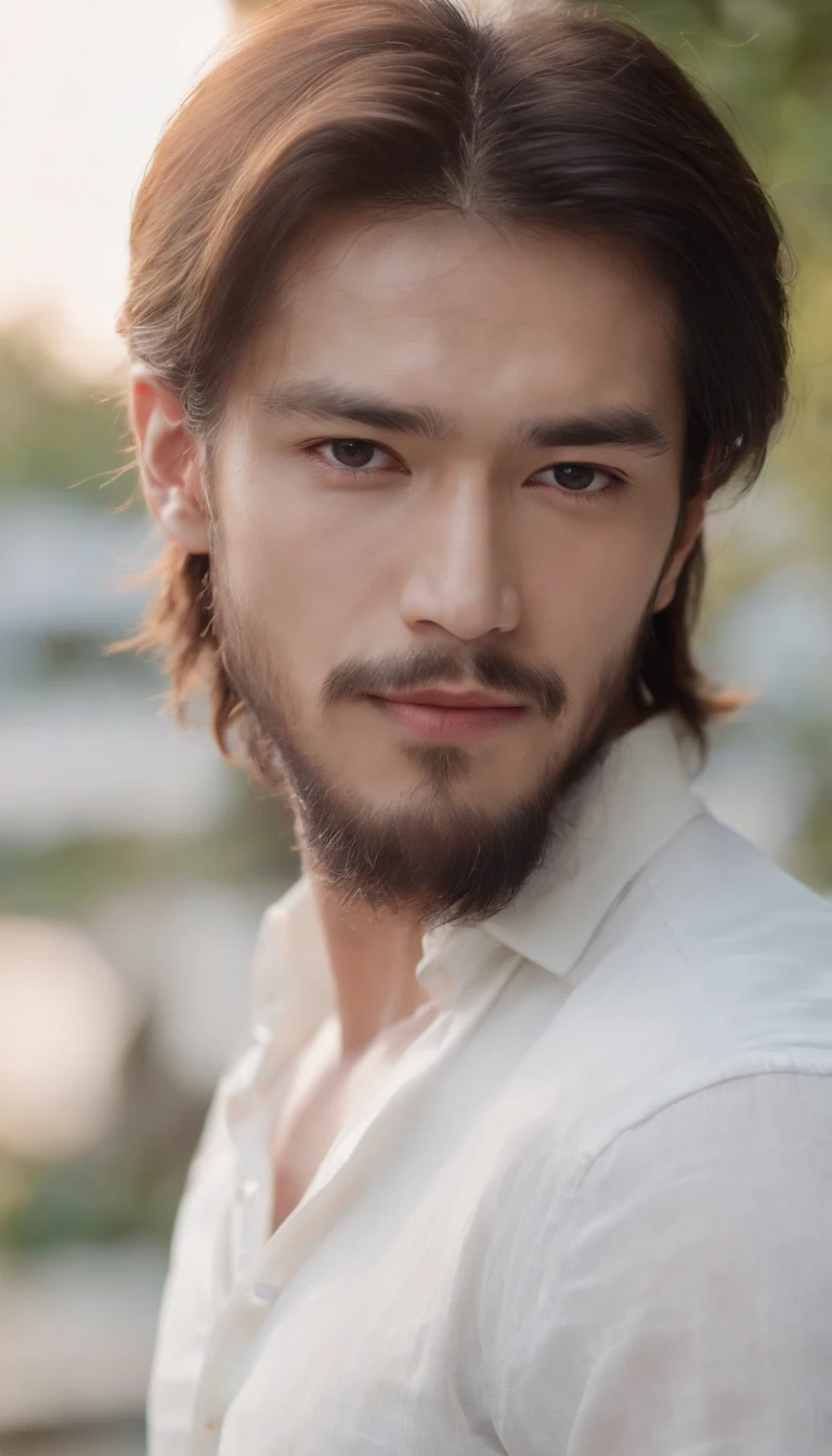 20-year-old man with a beard, The long-haired、Cute Men、japanes、Look at them with kind eyes、Slender and muscular,、Cotton White Shirt、Refreshing