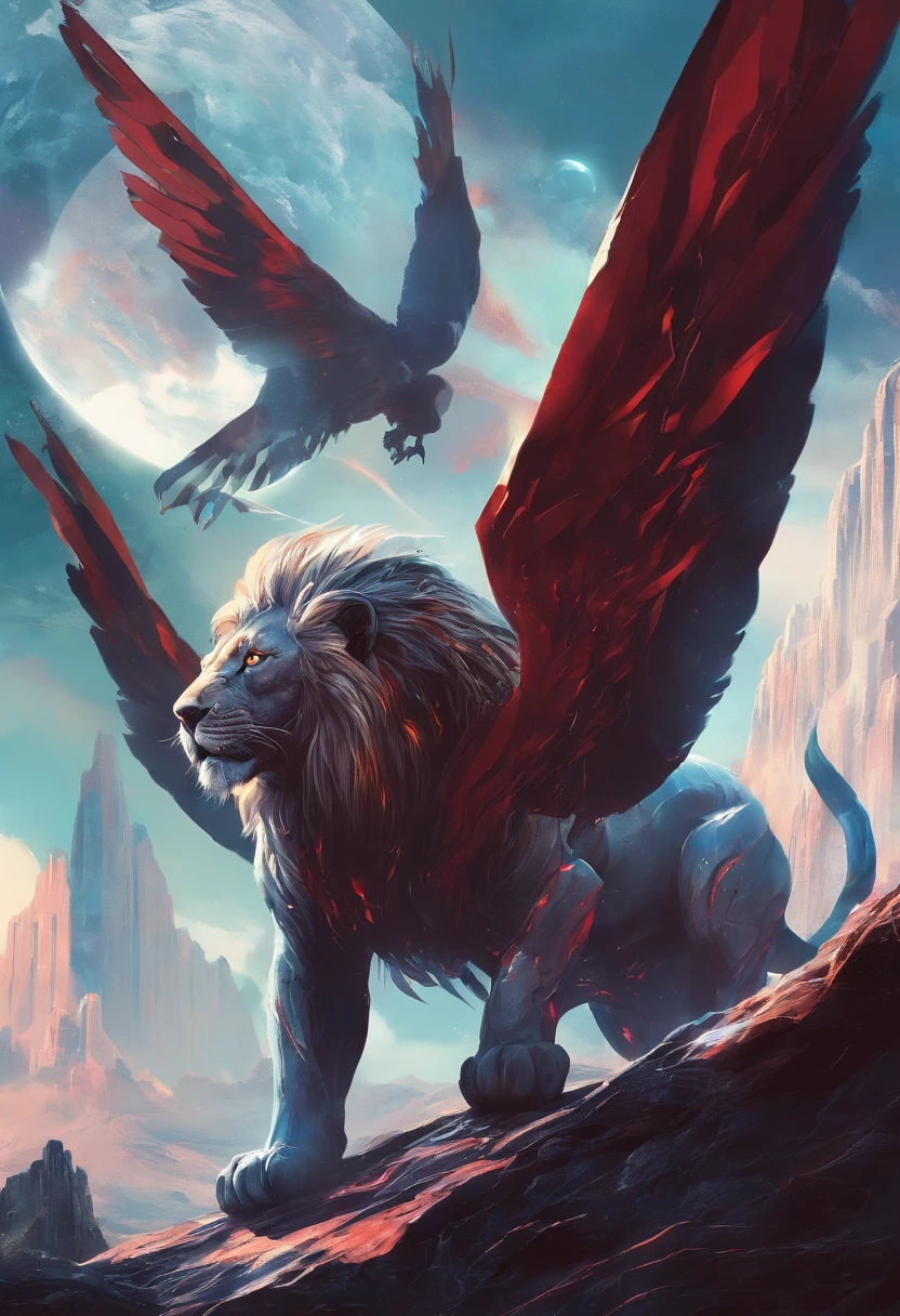 (best quality,highres),a lion with black hair and red eyes,wings,monstrous,dark aura,intense,dramatic lighting,fiery background,roaring,ferocious expression,powerful presence,endangered species,majestic creature,photo-realistic,with sharp and defined features,satin-like fur,glistening muscles,straining with power,elegant yet intimidating,dominating the landscape,contrast of light and shadow,with a hint of mystery,ready to take flight,conquer the sky
