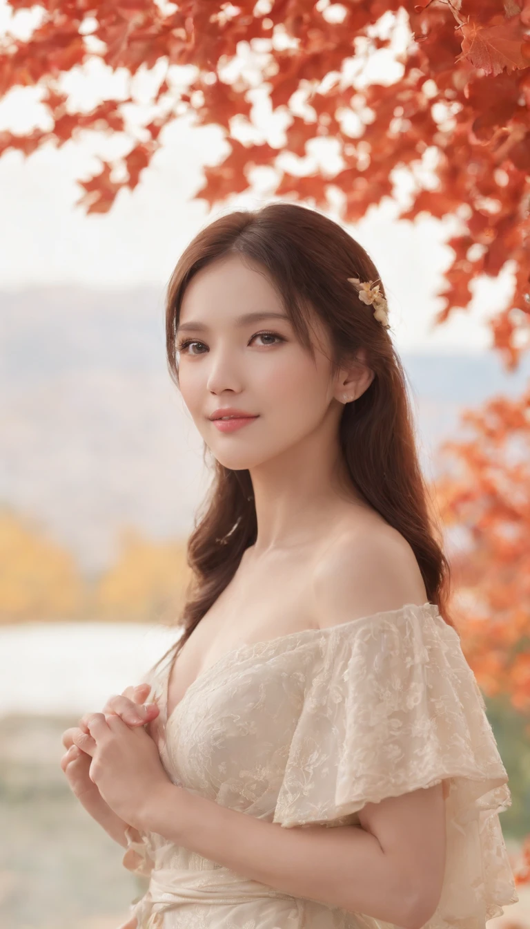 Best quality, (Masterpiece:1.35), the wallpaper, (illustration), Original, (Depth of field), (1girll:1.35), (Solo), full bodyesbian, Dynamic, Detailed face,Mature female, Adult, (Old:1.3), Medium breasts, amused, cheerfulness,Sanko costume, flower trim,Absurdly long hair, Black hair,Dog ear volumetric illumination, fall leaves, Tyndall effect,