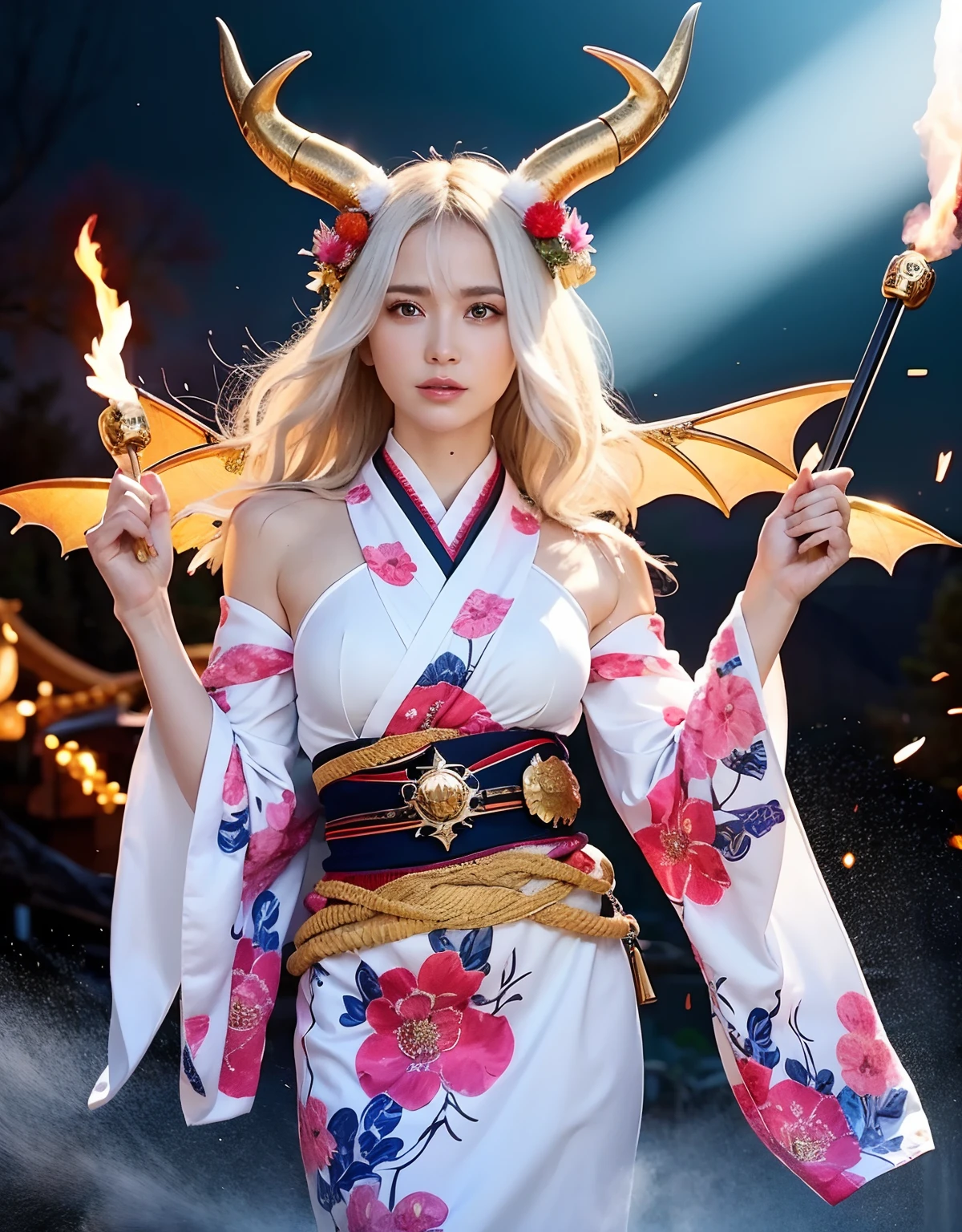 Professional , masterpiece、top-quality、photos realistic , depth of fields 、(White bikini armor)、(Mystical expression)、((Fight dragons)),(Wear a beautiful kimono),(Wear a beautiful kimono with colorful floral patterns)、Jewel Gold Weapon、Particles of light),Gorgeous gold weapons ,(( Gorgeous Dragon Sword)) , (Hold the Devil's Hand),,(maikurobikini) 、((White hair))、(Castle background)、(demonic wings)、((Gangle's forest background))、Beautiful Caucasian beauty、1a person、dynamic ungle,(((Two devil's horns on the head)))、Smaller head、Idle Smile、Thin and beautiful female hands、Mystical expression、Light Effects、intense fighting、Wind-effect、magic circles、With the legendary magic wand、Dragon's tail、