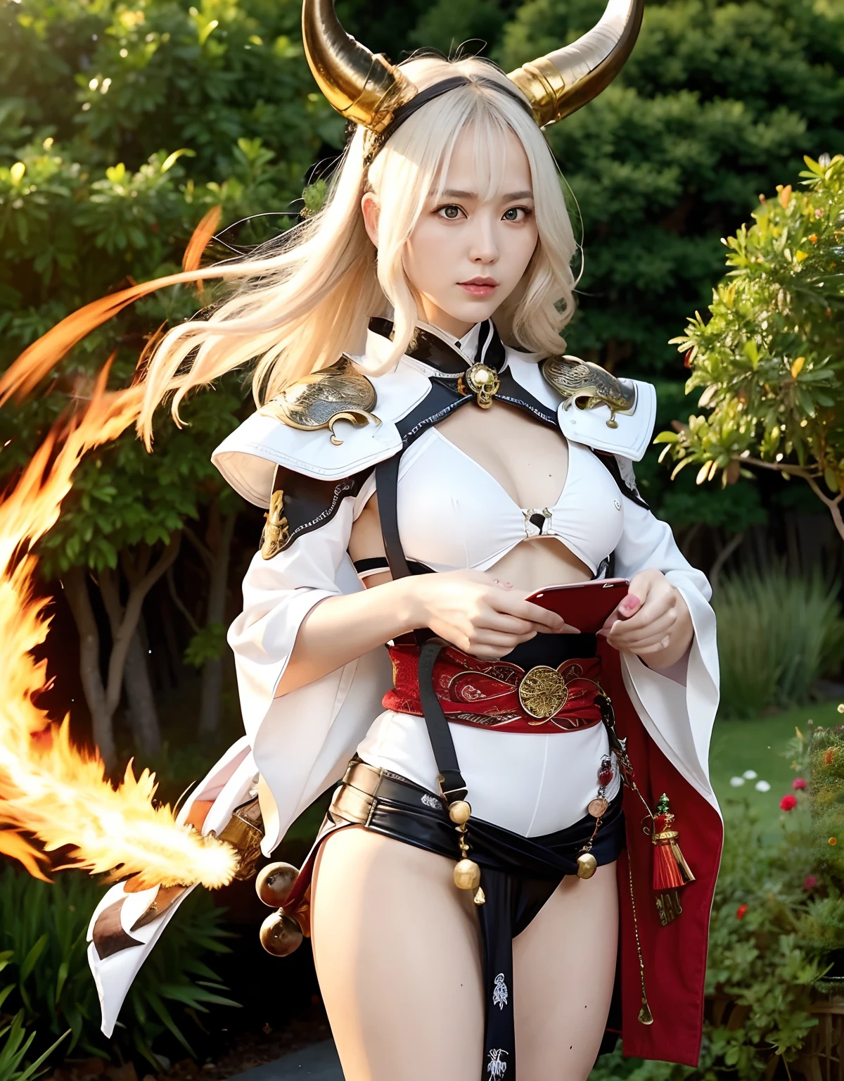 Professional , masterpiece、top-quality、photos realistic , depth of fields 、(White bikini armor)、(Mystical expression)、((Fight dragons)),(Wear a beautiful kimono),(Wear a beautiful kimono with colorful floral patterns)、Jewel Gold Weapon、Particles of light),Gorgeous gold weapons ,(( Gorgeous Dragon Sword)) , (Hold the Devil's Hand),,(maikurobikini) 、((White hair))、(Castle background)、(demonic wings)、((Gangle's forest background))、Beautiful Caucasian beauty、1a person、dynamic ungle,(((Two devil's horns on the head)))、Smaller head、Idle Smile、Thin and beautiful female hands、Mystical expression、Light Effects、intense fighting、Wind-effect、magic circles、With the legendary magic wand、Dragon's tail、