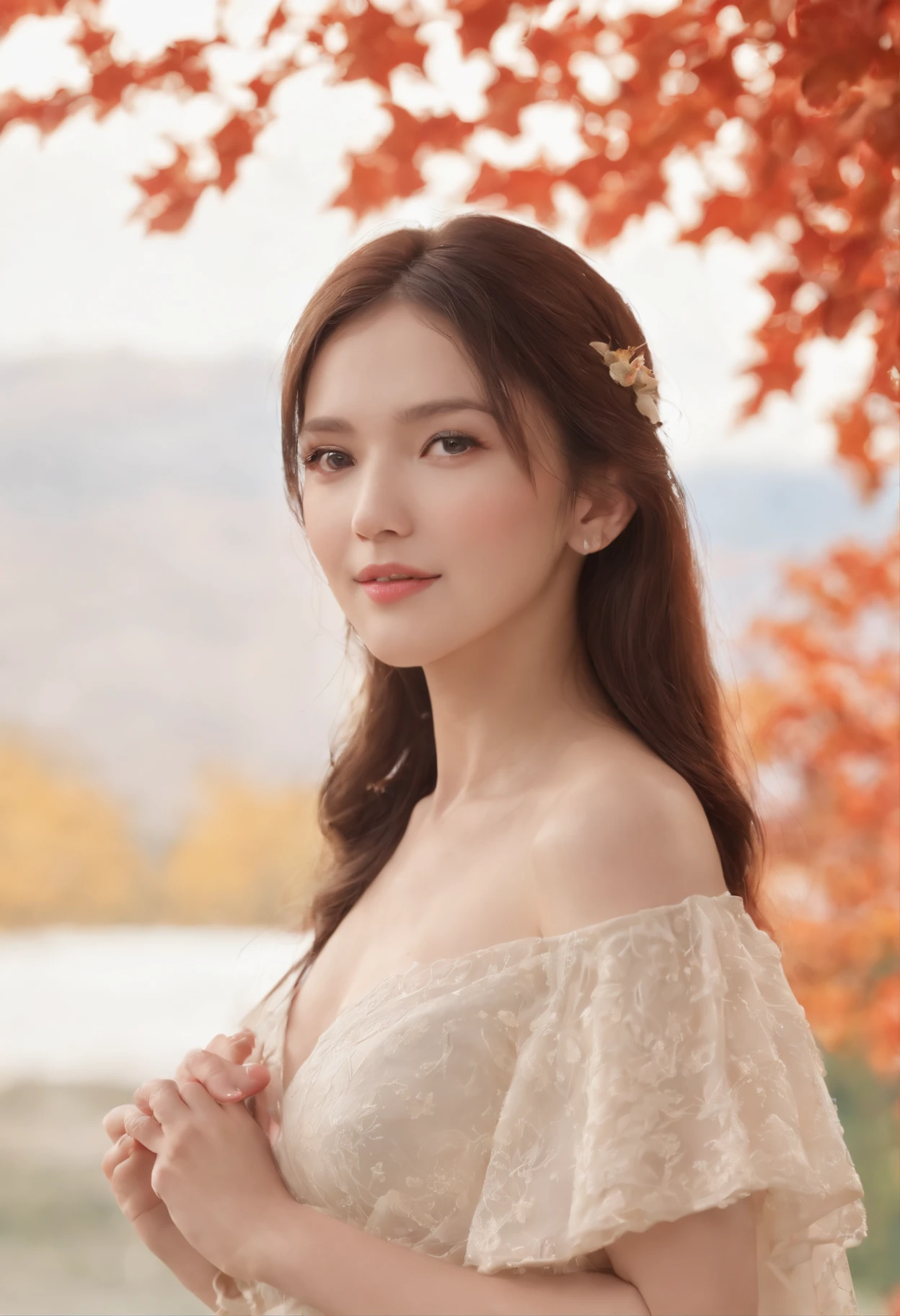 Best quality, (Masterpiece:1.35), the wallpaper, (illustration), Original, (Depth of field), (1girll:1.35), (Solo), full bodyesbian, Dynamic, Detailed face,Mature female, Adult, (Old:1.3), Medium breasts, amused, cheerfulness,Sanko costume, flower trim,Absurdly long hair, Black hair,Dog ear volumetric illumination, fall leaves, Tyndall effect,