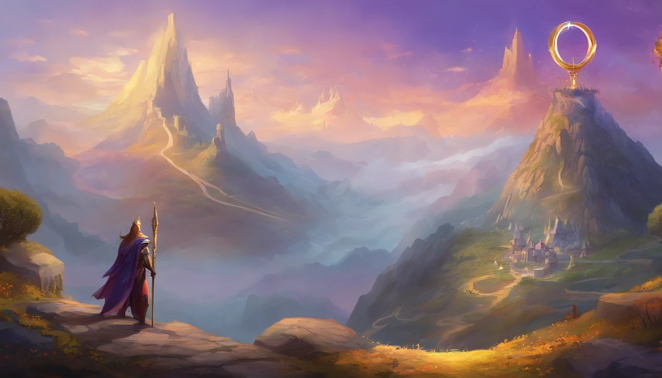 One on top of the mountains,(One head wears a purple-gold crown),(Wearing gold armor),(Cloaked),(Hold a golden hoop stick)'s(Sun Monkey stands at the top of the mountain)of paintings,There are clouds,There are mountains,highly detailed fantasy art,hyperrealistic d & D fantasy art,heroes, Artstation contest winner,--No wings,