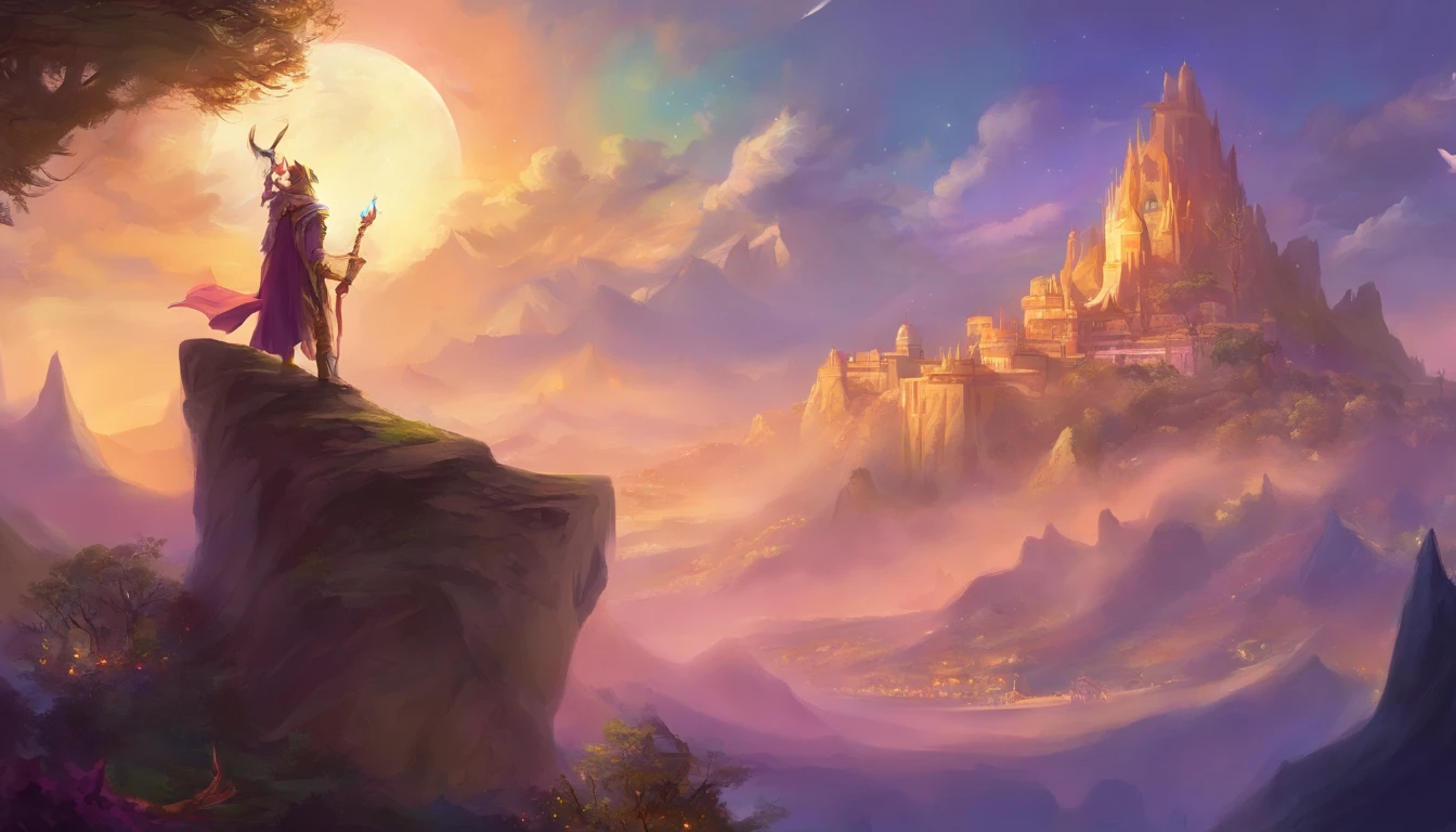 One on top of the mountains,(One head wears a purple-gold crown),(Wearing gold armor),(Cloaked),(Hold a golden hoop stick)'s(Sun Monkey stands at the top of the mountain)of paintings,There are clouds,There are mountains,highly detailed fantasy art,hyperrealistic d & D fantasy art,heroes, Artstation contest winner,--No wings,