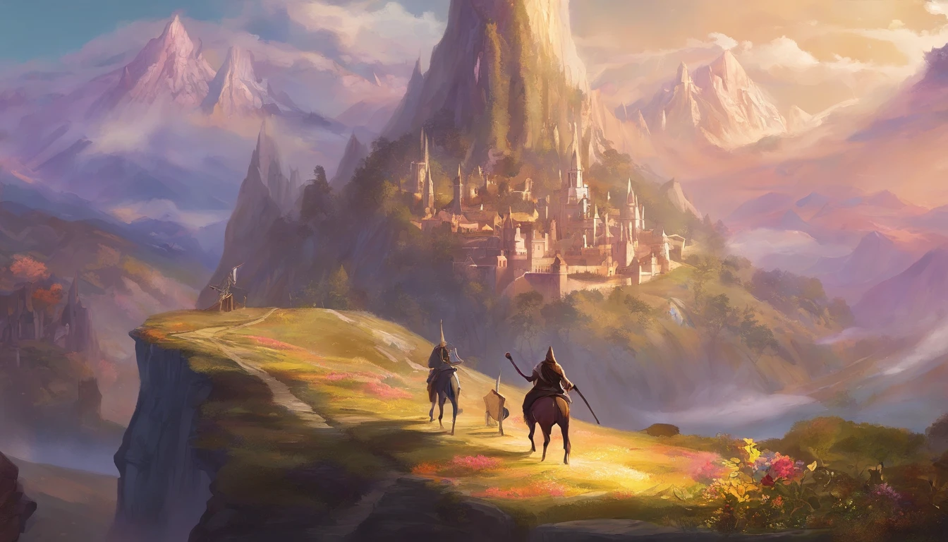 One on top of the mountains，（One head wears a purple-gold crown），（Wearing gold armor），（Cloaked），（Hold a golden hoop stick）'s（Sun Monkey stands at the top of the mountain）of paintings，There are clouds，There are mountains，highly detailed fantasy art，hyperrealistic d & D fantasy art，heroes, Artstation contest winner，--No wings，