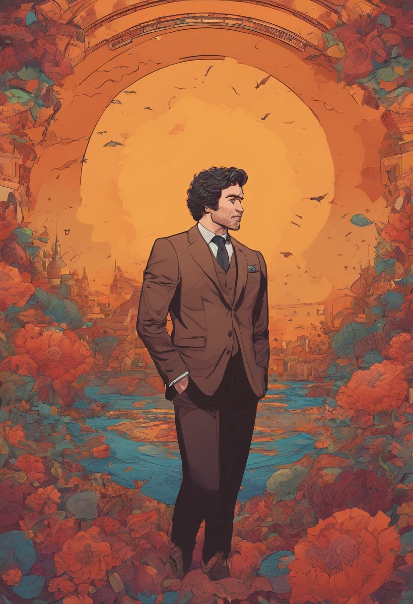 Cinematic photo, wide angle, of a handsom man, tall and fit, 40 years old, shaven , short curly brown hair. dark brown tight velvet suit, the jacket has black flower patterns. Minimalistic background, clean composition, strong details, Muted Colours, Hasselblad --style raw