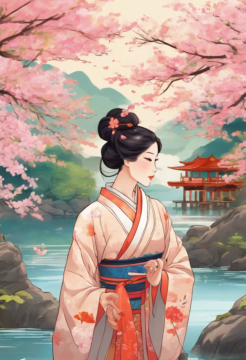 a girl with long flowing hair, vibrant kimono with floral pattern, standing in a serene Japanese garden, surrounded by cherry blossom trees, gently blowing wind, warm sunlight filtering through the trees, creating a soft and dreamy atmosphere, traditional wooden bridge spanning over a peaceful koi pond, lively koi fish swimming gracefully in the clear water, colorful and delicate dragonflies hovering in the air, the sound of a distant waterfall adding to the tranquility of the scene, intricate details of the girl's face and kimono, capturing her elegance and grace, vibrant colors and sharp focus showcasing the best quality and realistic rendering, reminiscent of a traditional Japanese painting, evoking a sense of peace, beauty, and harmony.
