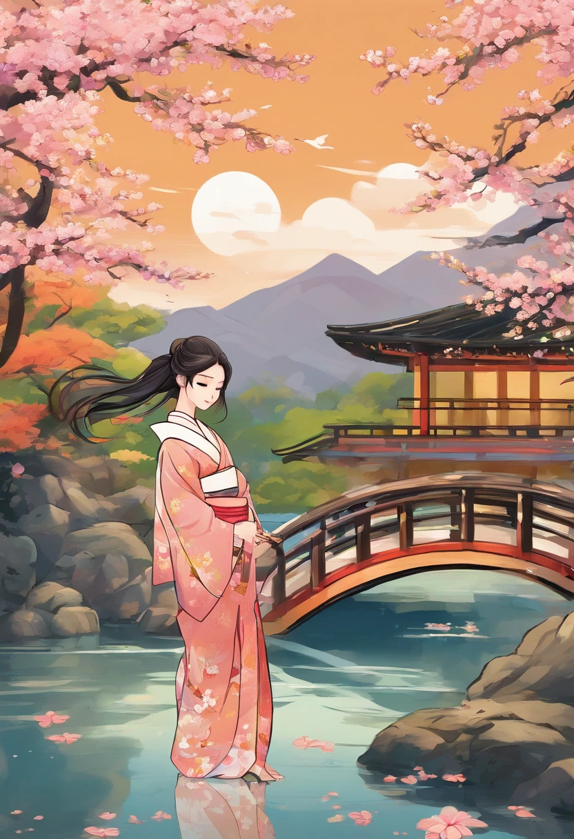 a girl with long flowing hair, vibrant kimono with floral pattern, standing in a serene Japanese garden, surrounded by cherry blossom trees, gently blowing wind, warm sunlight filtering through the trees, creating a soft and dreamy atmosphere, traditional wooden bridge spanning over a peaceful koi pond, lively koi fish swimming gracefully in the clear water, colorful and delicate dragonflies hovering in the air, the sound of a distant waterfall adding to the tranquility of the scene, intricate details of the girl's face and kimono, capturing her elegance and grace, vibrant colors and sharp focus showcasing the best quality and realistic rendering, reminiscent of a traditional Japanese painting, evoking a sense of peace, beauty, and harmony.