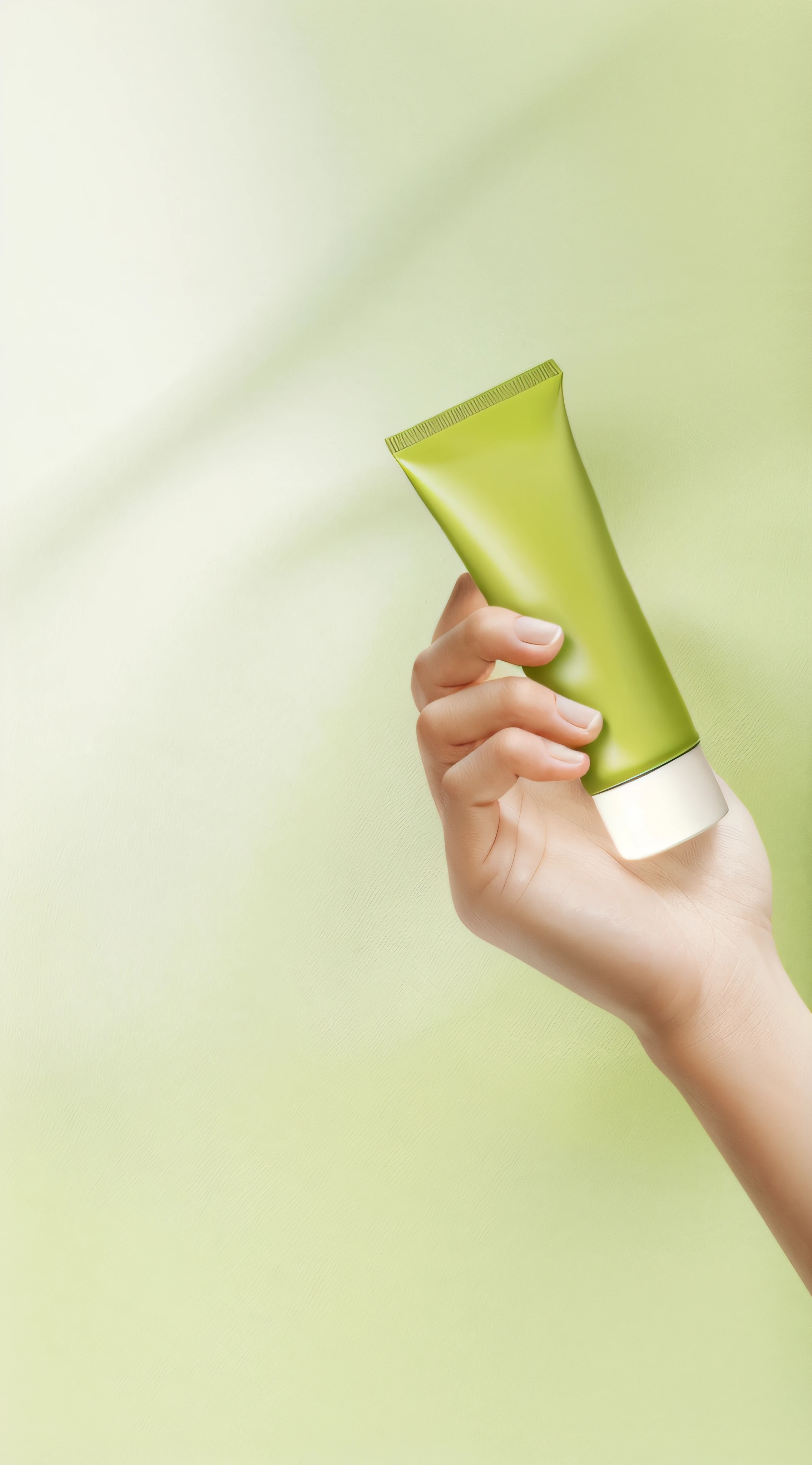 Someone was holding a tube of green cream in his hand, sleek hands, synthetic bio skin, crisp smooth clean lines, silicone skin, geeen skin, The skin is painted green, high quality topical render, women hand, Clean face and body skin, Hands, greenish skin, green colored skin, smooth clean texture, holding flask in hand, Detailed picture, skin care, conceito