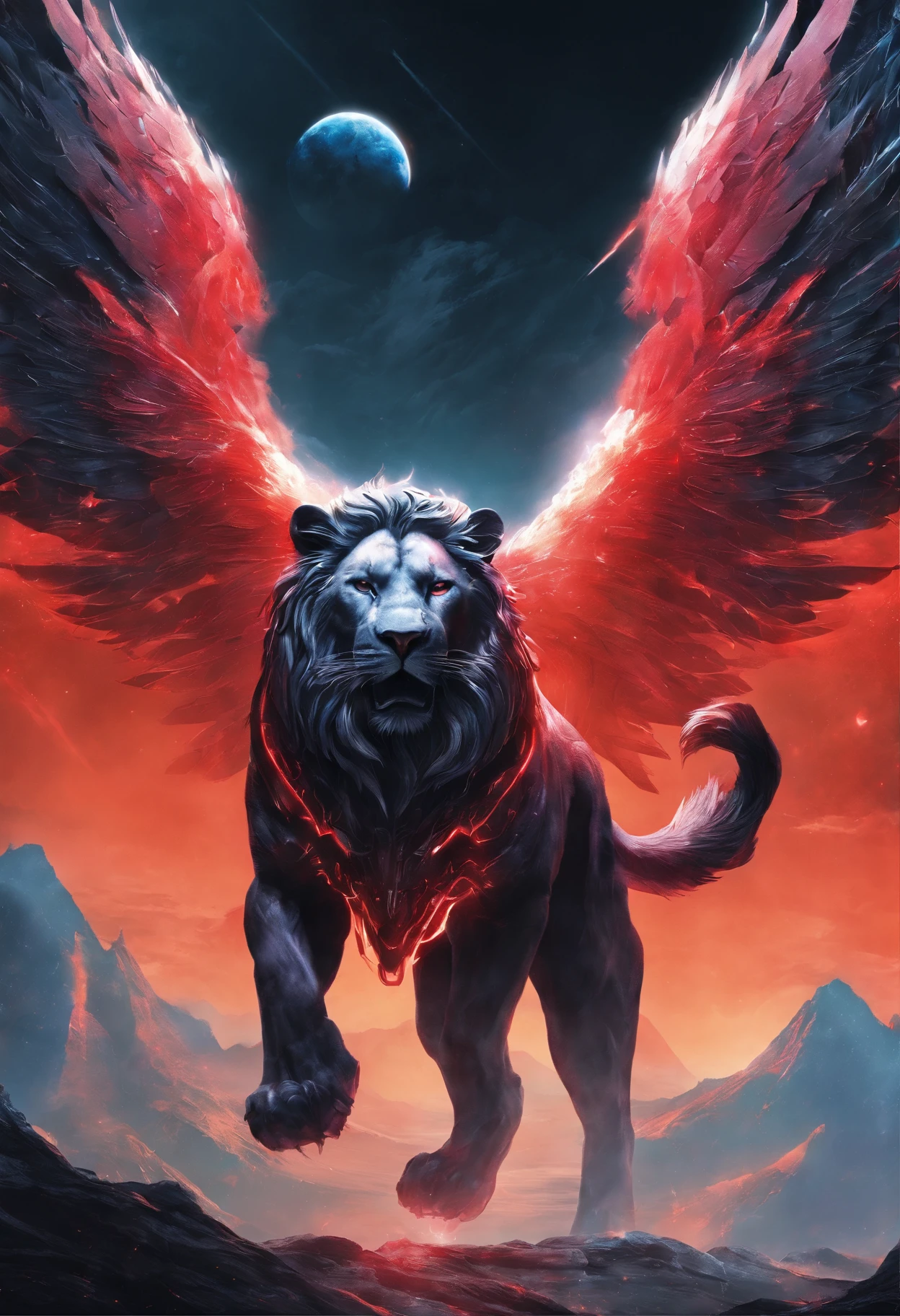 (best quality,highres),a lion with black hair and red eyes,wings,monstrous,dark aura,intense,dramatic lighting,fiery background,roaring,ferocious expression,powerful presence,endangered species,majestic creature,photo-realistic,with sharp and defined features,satin-like fur,glistening muscles,straining with power,elegant yet intimidating,dominating the landscape,contrast of light and shadow,with a hint of mystery,ready to take flight,conquer the sky
