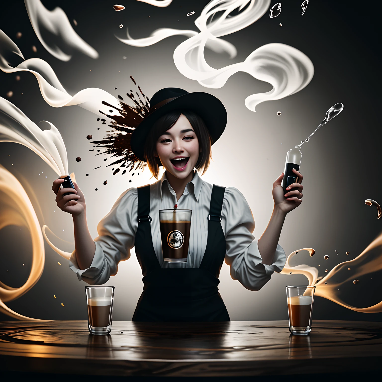 A latte and a bottle of spirits collide，Coffee and spirits are mixed in the air，Liquid splashes are everywhere，Make people happy，Spectacular creative scene，Simple dark background，Commercial, ads, (studio context), Intricate, Detailed, Photorealistic, 8K,