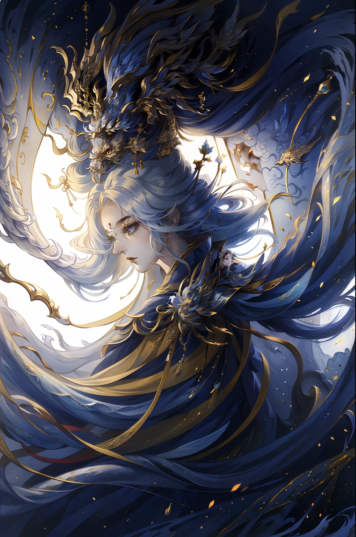 one-girl, Ancient Chinese clothing,Blue and yellow dragon robes, rays of sunshine, Clear face,A half body, Clean white background, tmasterpiece, super detailing, Epic composition, hyper HD, high qulity, extremely detaile, offcial art, Uniform 8K wallpaper, super detailing, 32K ,3D Effects -- v 6