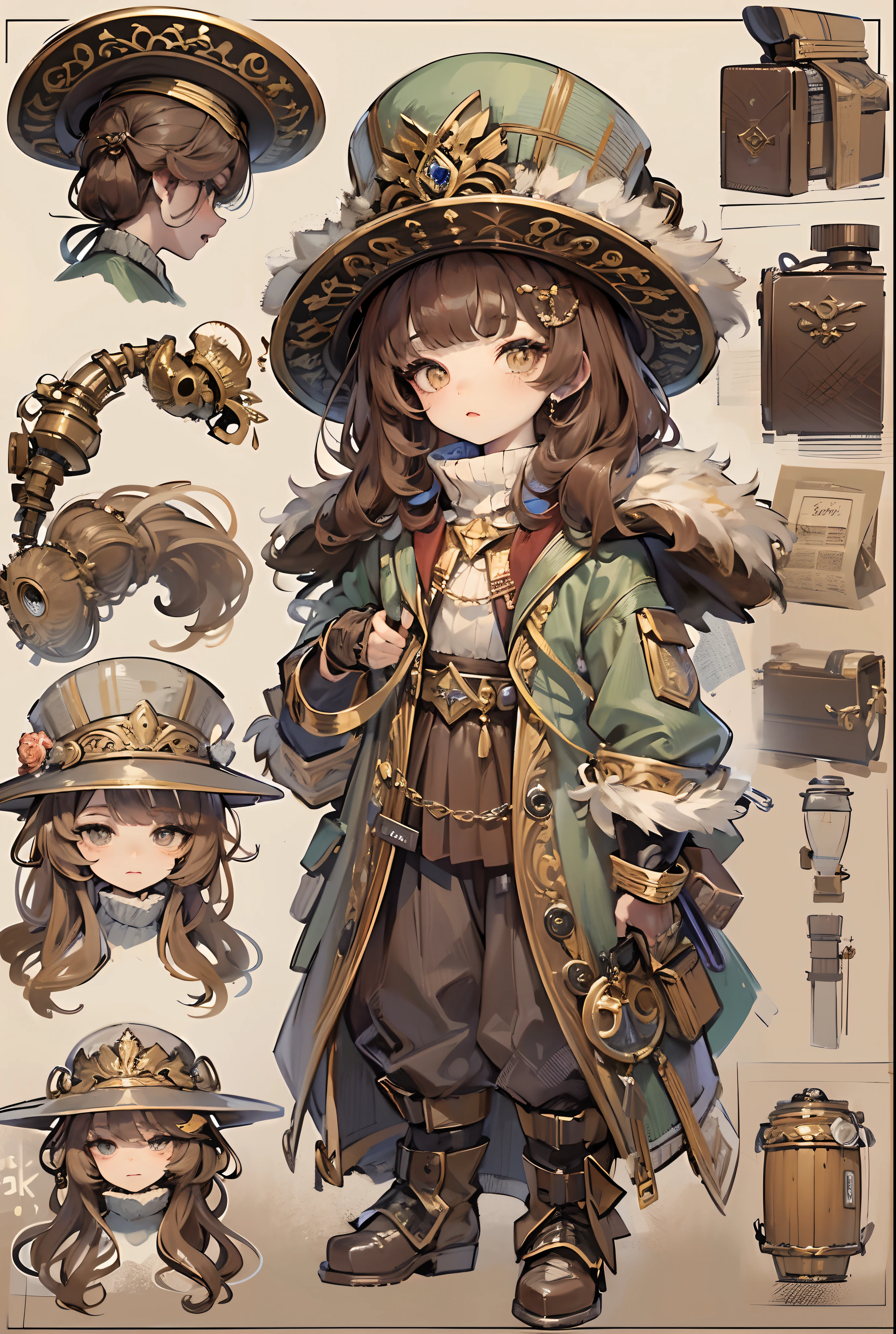 ((tmasterpiece))，(Best quality at best)，(A half body)，facing at camera，(ultra intricately detailed)，(Highest definition)，(8K)，(Clean lines)，(Perfect facial features，Perfect flesh)，TRPG，Character standing drawing，barded，adventurer，1little girl，Travel jacket，feathered hat，Brown curly hair，Hair blocks one side of the eye，sing，music instrument，pub，White skin of the，Gorgeous accessories，disarray，(ellegance)