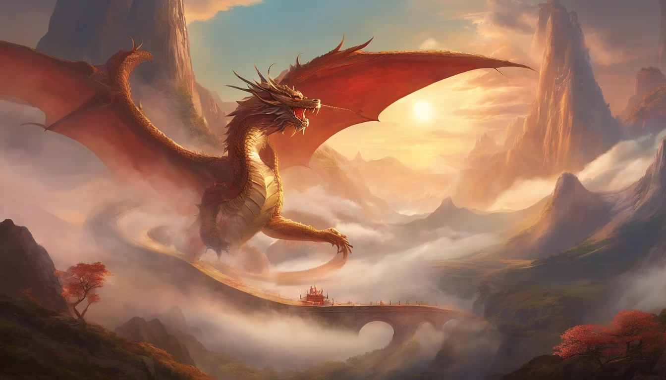 A painting of a wingless Chinese dragon hovering between mountains，With dragons as the main background，There are clouds，There are mountains，Flying in the sky（CHinese dragon：1.5），highly detailed fantasy art，hyperrealistic d & D fantasy art，Hero, Artstation contest winner，--no wings，