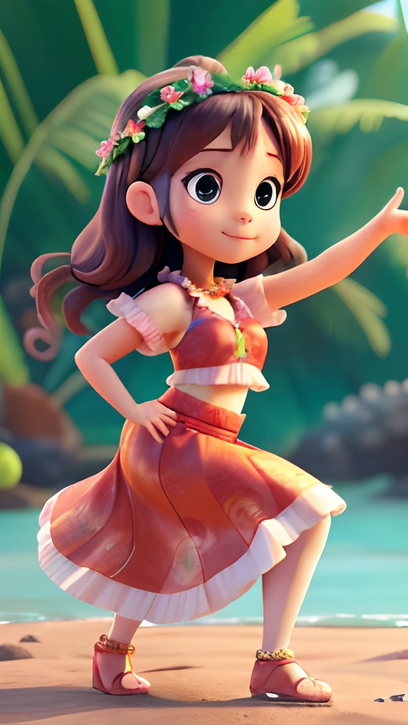 (masterpiece)、4k,8k,Girl dancing hula、kawaii faces、Gentle expression、(Outfit Paw skirt 1.1)、I'm dancing hula、dynamicposes、The background is the Hawaiian sea、