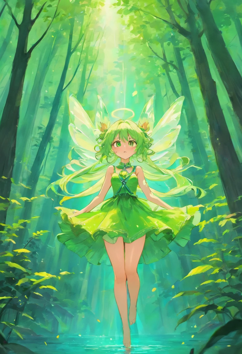 On a lake surrounded by forests,A fairy in a green dress hangs over the lake,Blue ribbons floated around her,Her light green hair collapsed limply on her back,With tenderness and kindness on her face。