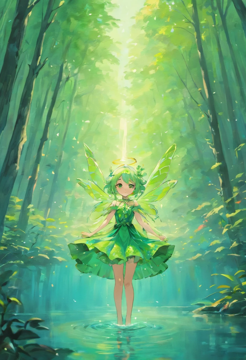 On a lake surrounded by forests，A fairy in a green dress hangs over the lake，Blue ribbons floated around her，Her light green hair collapsed limply on her back，With tenderness and kindness on her face。