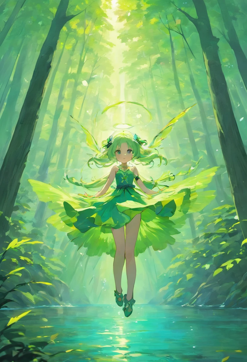 On a lake surrounded by forests,A fairy in a green dress hangs over the lake,Blue ribbons floated around her,Her light green hair collapsed limply on her back,With tenderness and kindness on her face。