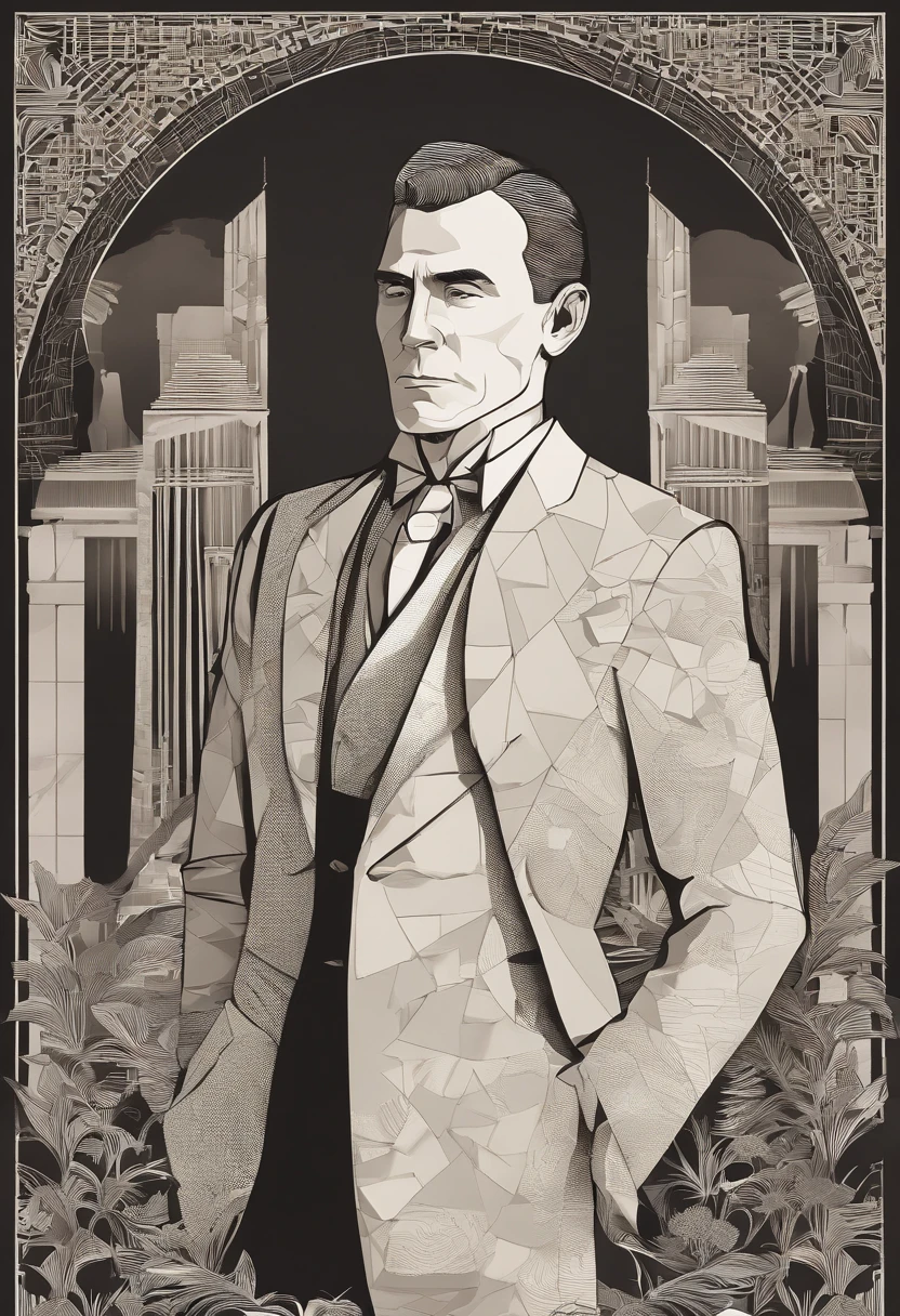 Cinematic photo,, a handsom man, tall and fit, 40 years old, shaven , short curly brown hair. dark brown tight velvet suit, the jacket has black flower patterns. Minimalistic background, clean composition, strong details, Muted Colours, Hasselblad --style raw