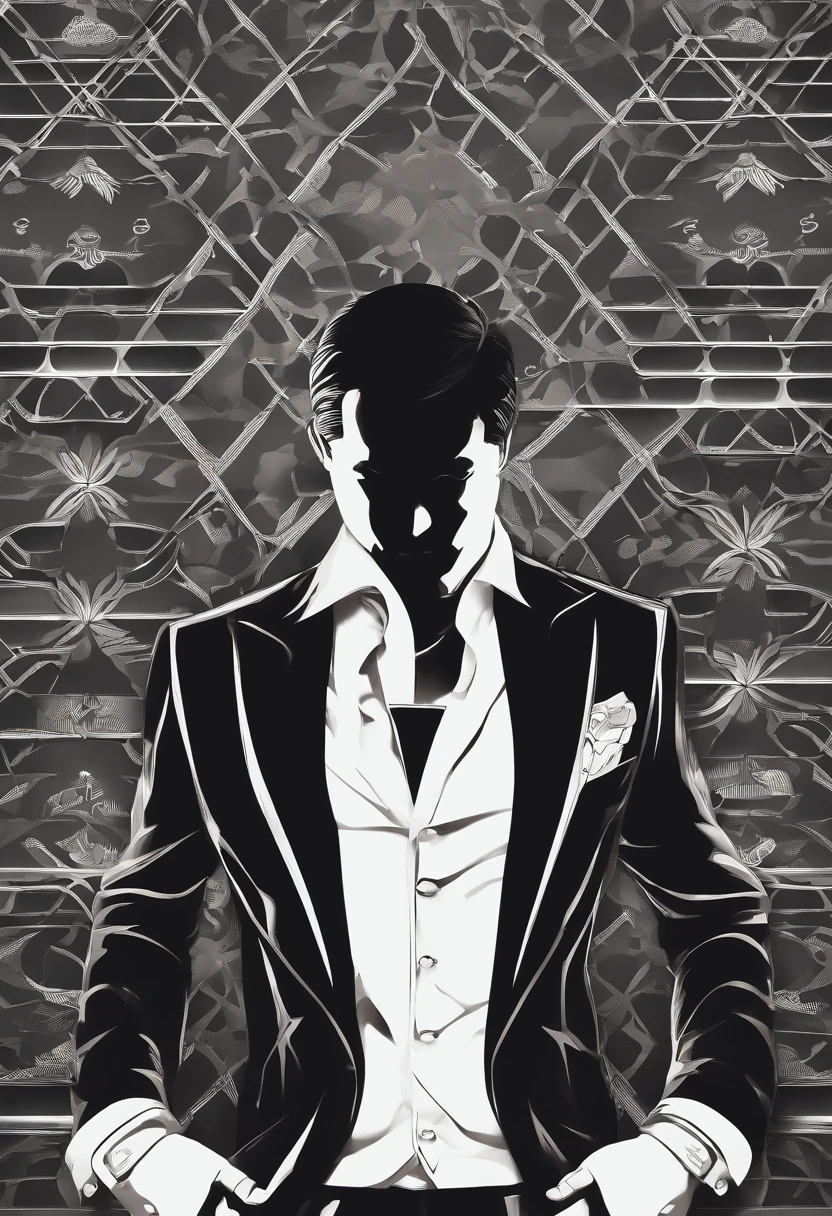 Cinematic photo,, a handsom man, tall and fit, 40 years old, shaven , short curly brown hair. dark brown tight velvet suit, the jacket has black flower patterns. Minimalistic background, clean composition, strong details, Muted Colours, Hasselblad --style raw