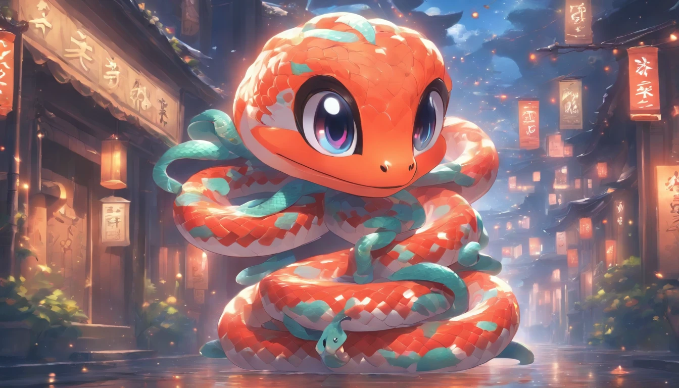 Zodiac snakes , Cute cartoon little snake,Big eyes, Wear festive attire, Standing on the side of the street, Ancient style, Artistic touch，Snes painting