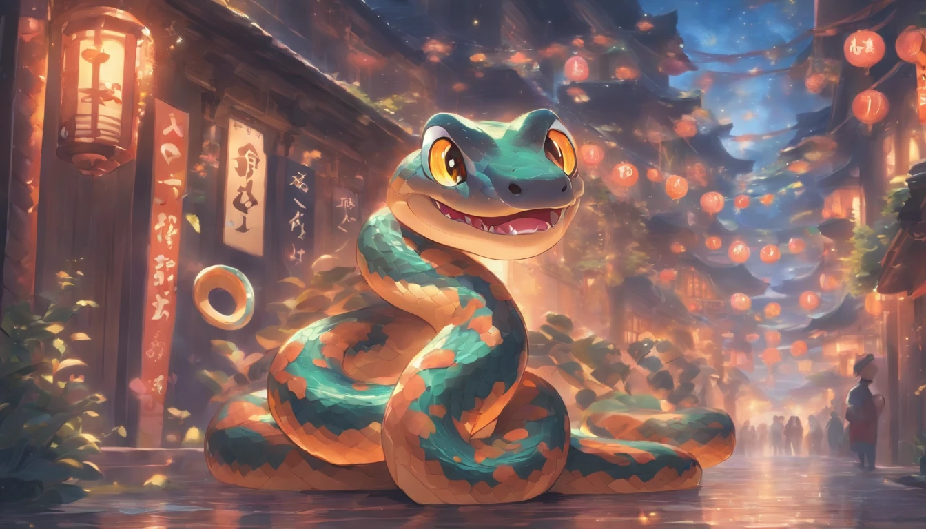 Zodiac snakes , Cute cartoon little snake,Big eyes, Wear festive attire, Standing on the side of the street, Ancient style, Artistic touch，Snes painting